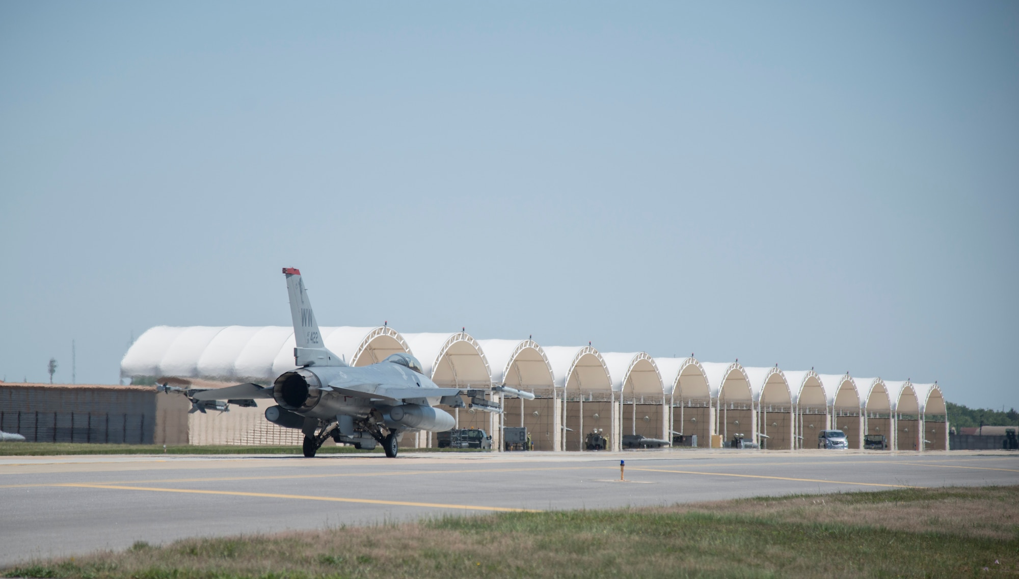 An F-16 Fighting Falcon from Misawa Air Base, Japan taxis, at Kunsan Air Base, Republic of Korea, May 19, 2017. While deployed to Kunsan, the 14th Fighter Squadron have flown joint offensive counter-air, defensive counter-air and suppression of enemy air defenses – the primary capability at Misawa AB. (U.S. Air Force photo by Senior Airman Brittany A. Chase)