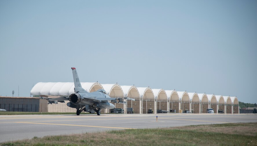 An F-16 Fighting Falcon from Misawa Air Base, Japan taxis, at Kunsan Air Base, Republic of Korea, May 19, 2017. While deployed to Kunsan, the 14th Fighter Squadron have flown joint offensive counter-air, defensive counter-air and suppression of enemy air defenses – the primary capability at Misawa AB. (U.S. Air Force photo by Senior Airman Brittany A. Chase)