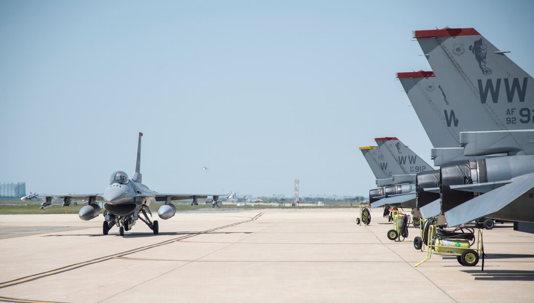 An F-16 Fighting Falcon from Misawa Air Base, Japan taxis back to its spot after a maintenance check at Kunsan Air Base, Republic of Korea, May 19, 2017. While deployed to Kunsan, the 14th FS have flown joint offensive counter-air, defensive counter-air and suppression of enemy air defenses – the primary capability at Misawa AB. (U.S. Air Force photo by Senior Airman Brittany A. Chase)