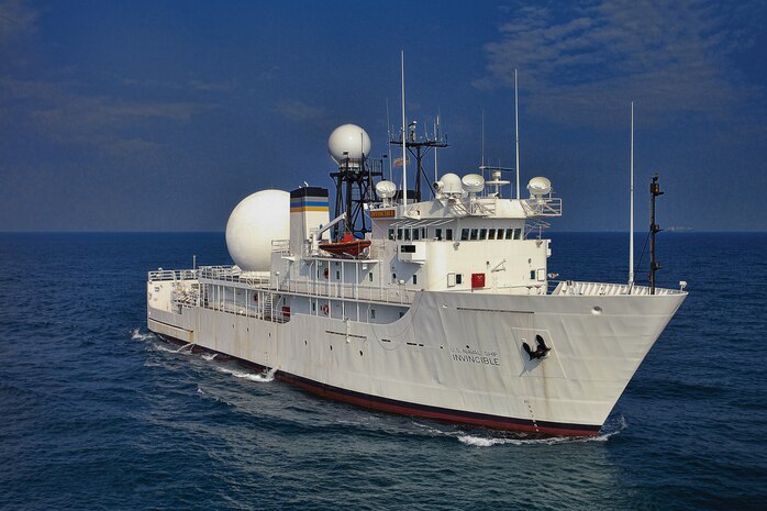 Military Sealift Command missile range instrumentation ship USNS Invincible makes way during sea trials following a regularly scheduled yard period.  The platform is designed to augment the U.S. Ballistic Missile Defense sensor network by providing target discrimination information to U.S. Strategic Command.  (U.S. Navy photo by Tommy Chia)