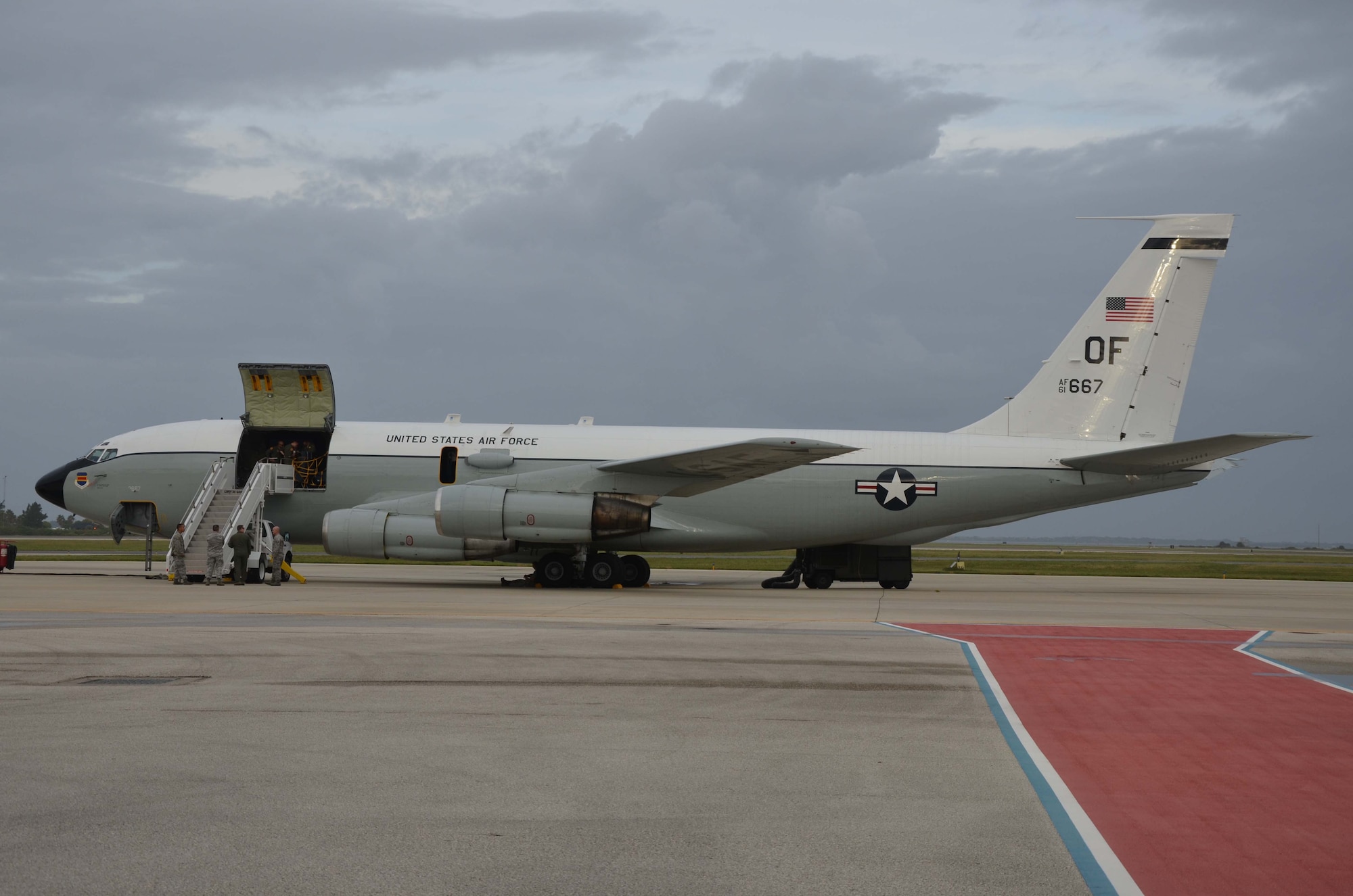 The WC-135 Constant Phoenix sits on the runway at Patrick AFB, Fla., during a visit to the base where its main mission headquarters, the Air Force Technical Applications Center, is located.  The specially-configured aircraft is equipped with external flow devices that allow special equipment operators to collect airborne particulates in support of the U.S. Atomic Energy Detection System in the event of a nuclear detonation.  (U.S. Air Force photo by Susan A. Romano)