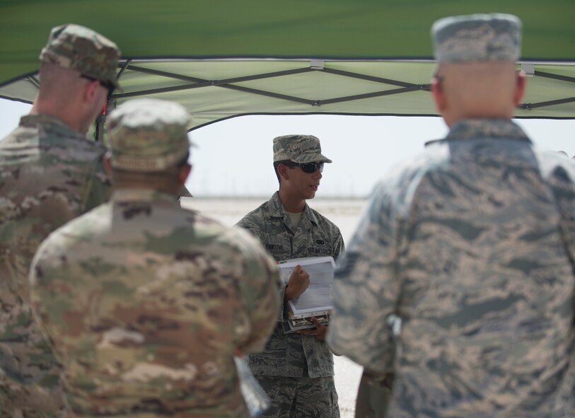 U.S. Air Force Senior Airman Louis Sandoval, center, a Raven- B operator with the 379th Expeditionary Security Forces Squadron, talks about how the Raven- B team set the flight path for the RQ-11B Raven at Al Udeid Air Base, Qatar, May 15, 2017. Airmen from the 379th ESFS organized a week of law enforcement activities to honor fallen civilian police officers, security forces airmen and U.S. Air Force Office of Special Investigations agents who died in the line of duty. (U.S. Air Force photo by Tech. Sgt. Amy M. Lovgren)