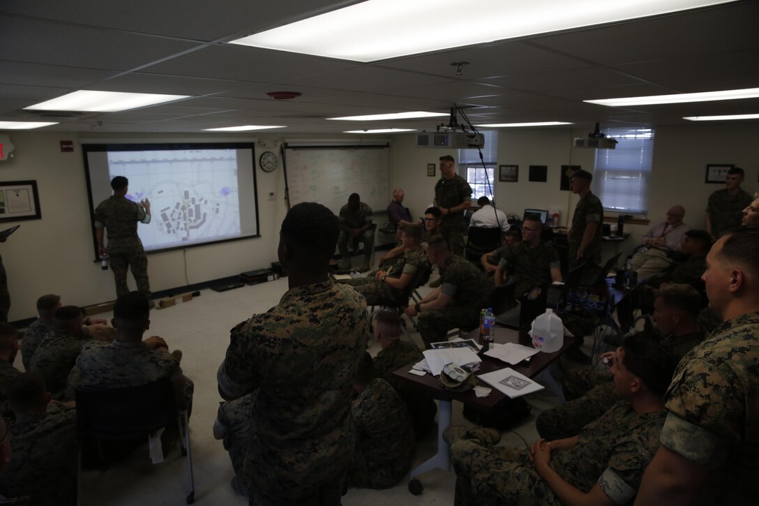 Marines discuss the tactics and maneuvers conducted in a virtual training program during a Spartan Tactical Games competition at Camp Lejeune, N.C., May 16, 2017. The Marines participated in a squad versus squad virtual training exercise to improve their tactics and maneuvers in a controlled environment. The Marines are with 2nd Battalion, 6th Marine Regiment. (U.S. Marine Photo by Lance Cpl Leynard Kyle Plazo)