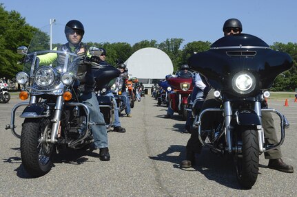 Motorcycle Riders line up to participate in the two hour Armed Forces Motorcycle Safety ride at Joint Base Langley-Eustis, Va., May 19, 2017. The formation ride was approximately 80 miles with two designated checkpoints along the way. (U.S. Air Force photo/Airman 1st Class Kaylee Dubois)