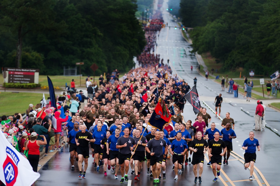 Paratroopers assigned to the 82nd Airborne Division participate in a division run during All American Week at Fort Bragg, N.C., May 22, 2017. Army photo by Spc. Ryan Mercado