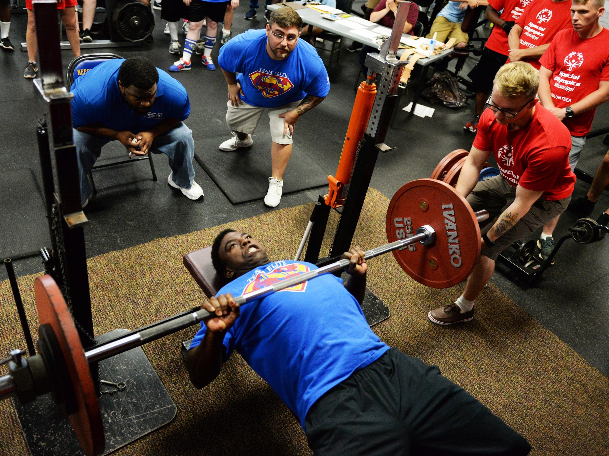 Teddy Underwood, Area 16 athlete, competes in powerlifting during the Special Olympics Mississippi 2017 Summer Games at the Triangle Fitness Center May 20, 2017, on Keesler Air Force Base, Miss. Founded in 1968, Special Olympics hosts sporting events around the world for people of all ages with special needs to include more than 700 athletes from Mississippi. (U.S. Air Force photo by 2nd Lt. Teddy Barbosa)
