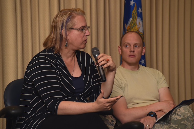 Shari Zabel, Springs Equality chief executive officer, speaks to Airmen during the Company Grade Officers’ Council transgender panel at Schriever Air Force Base, Colorado, Wednesday, May 17, 2017. The CGOC led the event to help answer transgender policy questions Airmen may have. (U.S. Air Force photo/Senior Airman Arielle Vasquez)

