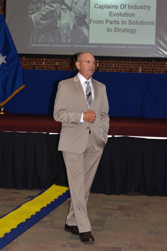 Defense Logistics Agency Aviation Deputy Commander Charlie Lilli speaks to strategic supplier alliance executives, DLA Aviation leadership, and military customer senior leaders during a Senior Executive Partnership Roundtable, May 10, 2017 at the Frank B. Lotts Conference Center on Defense Supply Center Richmond, Virginia.