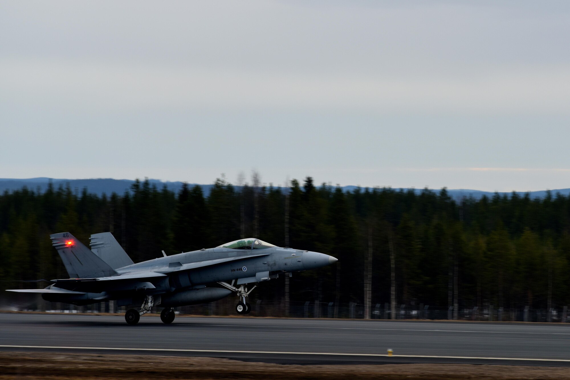 A Finnish F/A-18 Hornet takes off at Rovaniemi Air Base, Finland, May 22, in support of Arctic Challenge 2017. Through exercises such as ACE 17, U.S., allies and partner nations are able to build on their expertise in the air and create a force ready to respond to a crisis together. (U.S. Air Force photo/Airman 1st Class Abby L. Finkel)