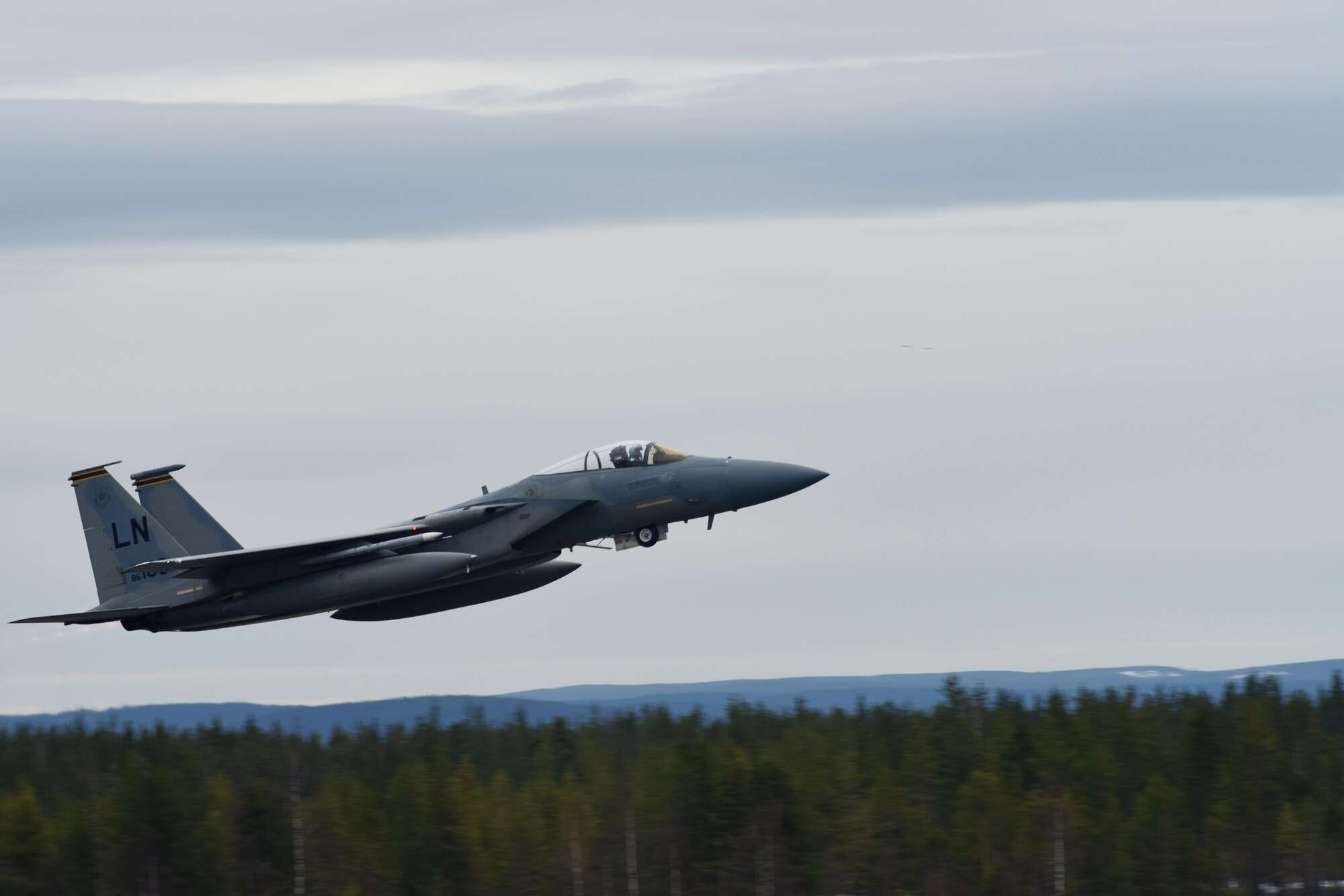 A 493rd Fighter Squadron F-15C Eagle from the 48th Fighter Wing at Royal Air Force Lakenheath, England, takes off at Rovaniemi Air Base, Finland, May 22, in support of Arctic Challenge 2017. Exercises such as ACE 17 help improve the ability of participating nations' armed forces to collectively conduct the full spectrum of military operations. (U.S. Air Force photo/Airman 1st Class Abby L. Finkel)