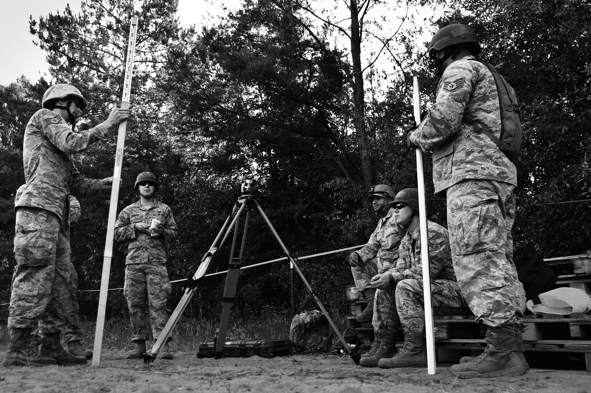 U.S. Airmen assigned to the 20th Civil Engineer Squadron construction management flight perform training during operational readiness exercise Weasel Victory at Poinsett Electronic Combat Range, near Wedgefield, S.C., May 16, 2017. Airmen from various squadrons around Shaw Air Force Base, S.C., participated in activities both on base and at the training site at Poinsett. (U.S. Air Force photo by Airman 1st Class Christopher Maldonado)