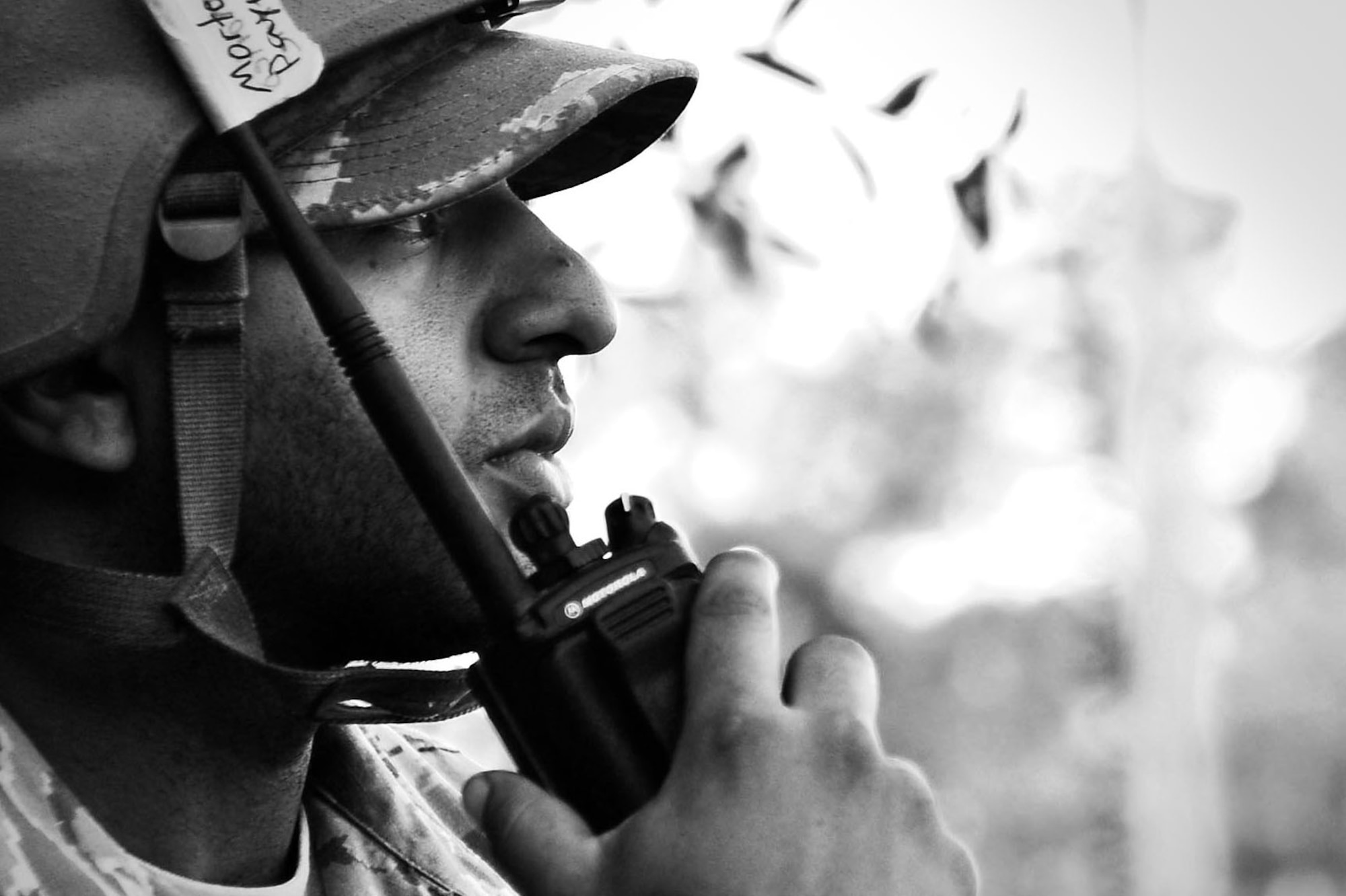 U.S. Air Force Staff Sgt. Michael Payne, 20th Civil Engineer Squadron construction management technician, talks on a radio during operational readiness exercise Weasel Victory 17-07 at Poinsett Electronic Combat Range, near Wedgefield, S.C., May 16, 2017. Various Airmen across the Poinsett site utilized radios to receive information on simulated attacks or condition changes throughout the three-day, 72-hour exercise. (U.S. Air Force photo by Airman 1st Class Christopher Maldonado)