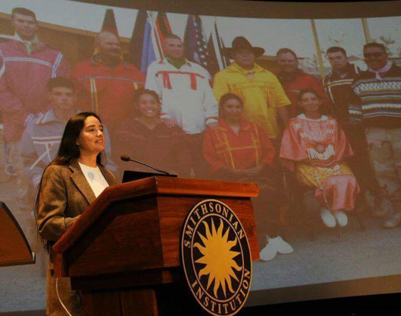 Retired Army Sgt. 1st Class Debra Kay Mooney speaks at the Smithsonian Institution's National Museum of the American Indian in Washington. Courtesy photo