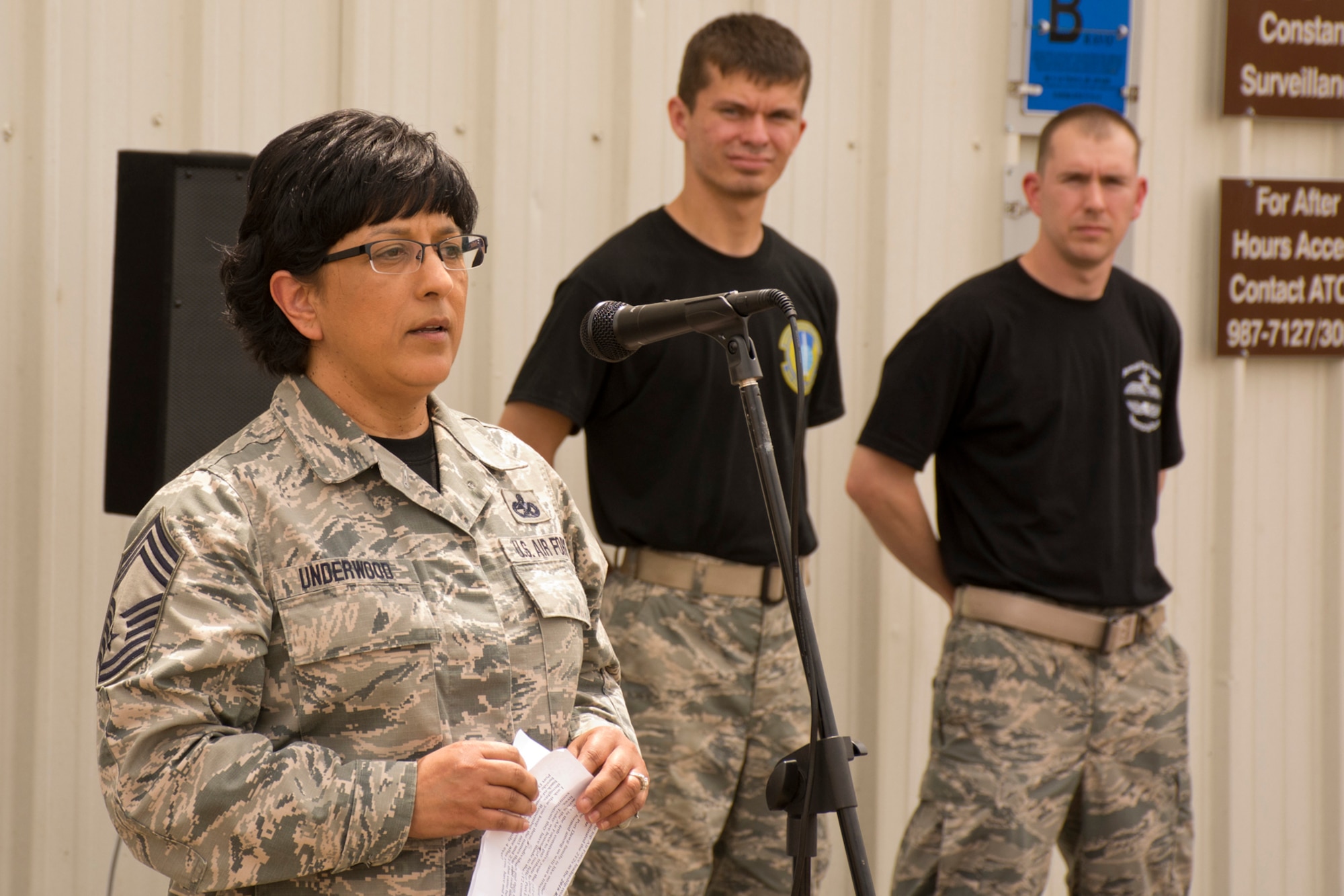 U.S. Air Force Reserve Chief Master Sgt. Cynthia Underwood, superintendent, 96th Aerial Port Squadron, speaks to the gathering before the 4th Annual Port Dawg Memorial Run May 19, 2017, at Little Rock Air Force Base, Ark. Members of the 96th APS and the 19th Logistics Readiness Squadron joined each other for a 2.2 mile run honoring “Port Dawgs” across the Air Force who lost their lives in 2016. (U.S. Air Force photo by Master Sgt. Jeff Walston/Released)