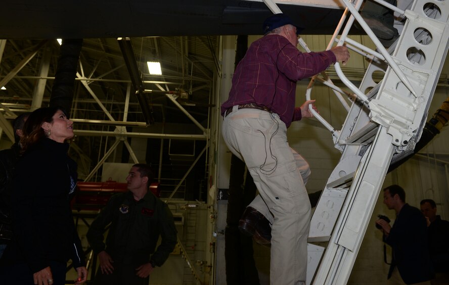 Sonny Perdue, the U.S. Secretary of Agriculture, ascends a ladder into a B-1 bomber at Ellsworth Air Force Base, S.D., May 19, 2017. Perdue grew up in Georgia near Robins Air Force Base where the Air National Guard flew B-1s. (U.S. Air Force photo by Staff Sgt. Hailey R. Staker)