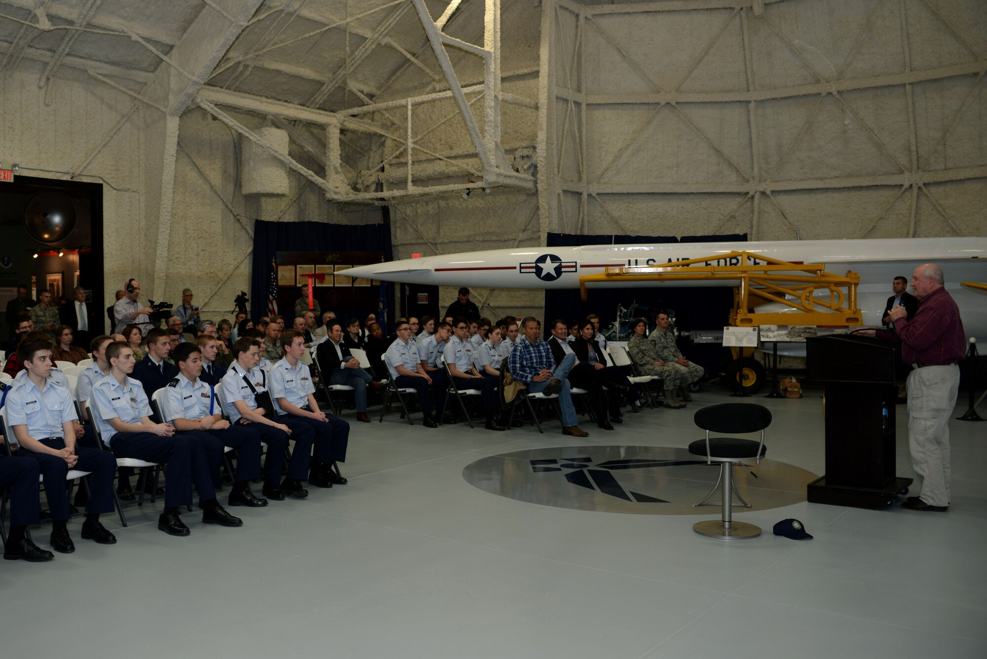 Sonny Perdue, the U.S. Secretary of Agriculture, addresses town hall attendees at the South Dakota Air and Space Museum, Box Elder, S.D., May 19, 2017. During his visit to Ellsworth Air Force Base, Perdue toured a B-1 bomber and discussed U.S. Department of Agriculture employment opportunities with service members who are transitioning from the Department of Defense. (U.S. Air Force photo by Staff Sgt. Hailey R. Staker)