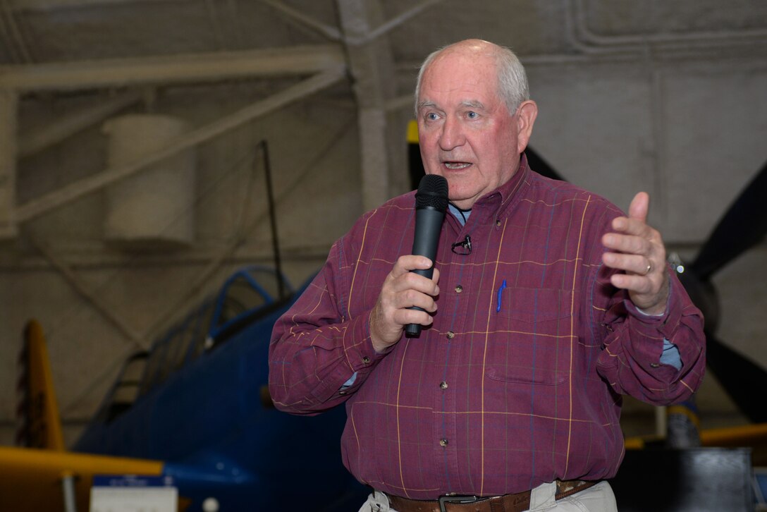 Sonny Perdue, the U.S. Secretary of Agriculture, speaks at a town hall at the South Dakota Air and Space Museum, Box Elder, S.D., May 19, 2017. Perdue spoke on employment, entrepreneurship and educational opportunities in the U.S. Department of Agriculture for veterans, transitioning service members and their families. (U.S. Air Force photo by Staff Sgt. Hailey R. Staker)