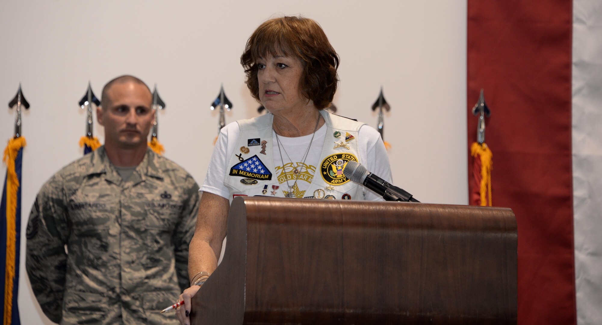 Karen Meredith, a Gold Star mother, addresses a crowd of more than 300 people during the opening ceremony of the 7th Annual Gold Star Families Ruck March at Travis Air Force Base, Calif., May 20, 2017. Meredith lost her son in 2004 while he was deployed in support of Operation Iraqi Freedom. The ruck march is held every year by the Travis First Sergeant's Council to support Gold Star Families. (U.S. Air Force photo/Tech. Sgt. James Hodgman