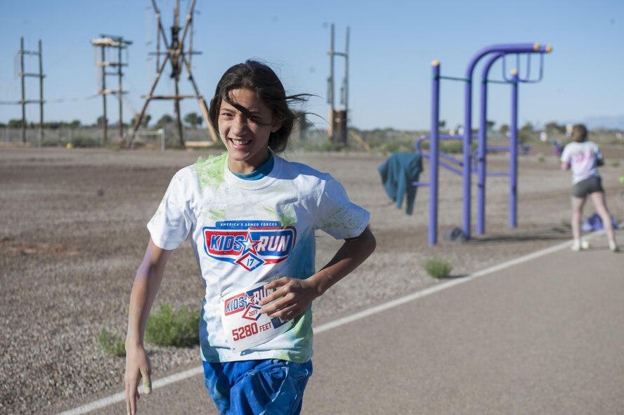The Youth and Teen Center hosted the Art Blast color run 5K and the America’s Armed Forces Kids fun run on at Holloman Air Force Base, N.M on May 20, 2017. During the run, younger children run a half mile, seven and eight year olds run one mile, and the older children run two miles. (U.S. Air Force photo by Airman 1st Class Ilyana A. Escalona)