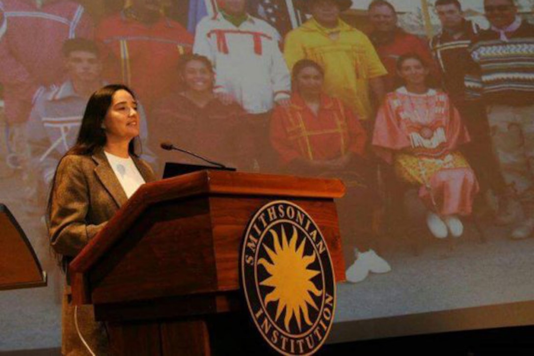 Retired Army Sgt. 1st Class Debra Kay Mooney speaks at the Smithsonian Institution's National Museum of the American Indian in Washington. Courtesy photo