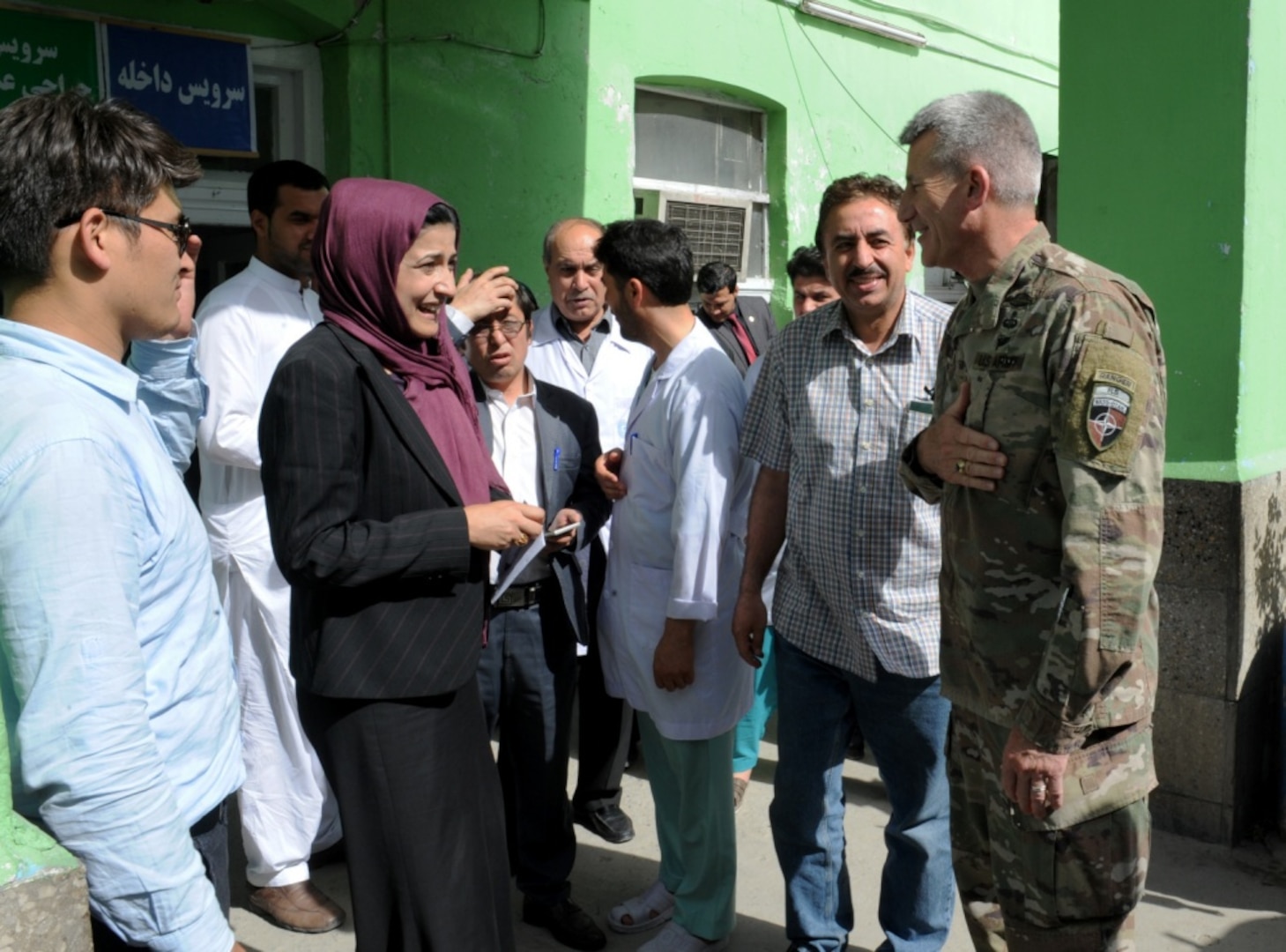 Army Gen. John W. Nicholson, Resolute Support commander, speaks to nurses, medical staff and hospital managers at the Kabul Women’s Hospital in Afghanistan, May 18, 2017. Nicholson emphasized the importance of women in peace building and in strengthening the future of Afghanistan. Nicholson toured the hospital to oversee improvements that began last December. He was accompanied by Afghan Defense Minister Mohammed Masoom Stanekzai, Sidqa Abudllah Adeeb-Rabia Balkhi, hospital director and Ambassador Hugo Llorens, the special chargé d’affaires of the U.S. Embassy in Kabul. Air Force photo by Tech. Sgt. Robert M. Trujillo