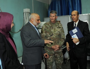 Army Gen. John W. Nicholson, Resolute Support commander, tours the Kabul Women’s Hospital in Afghanistan, May 18, 2017. The general inspected improvements at the hospital that began last December. He was accompanied by Afghan Defense Minister Mohammed Masoom Stanekzai, Sidqa Abudllah Adeeb-Rabia Balkhi, hospital director and Ambassador Hugo Llorens, right, the special chargé d’affaires of the U.S. Embassy in Kabul. Air Force photo by Tech. Sgt. Robert M. Trujillo