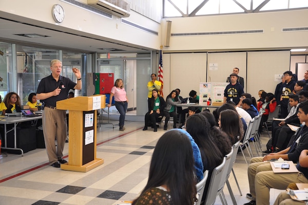 Joseph Seebode, deputy district engineer and chief of programs and project management, U.S. Army corps of Engioneers, New York District, discusses the importance of environmental stewardship during the Welcoming Ceremony for Environmental Day 2017 at the Peterstown Community Center in Elizabeth, N.J.