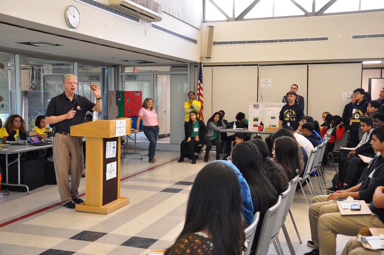 Joseph Seebode, deputy district engineer and chief of programs and project management, U.S. Army corps of Engioneers, New York District, discusses the importance of environmental stewardship during the Welcoming Ceremony for Environmental Day 2017 at the Peterstown Community Center in Elizabeth, N.J.