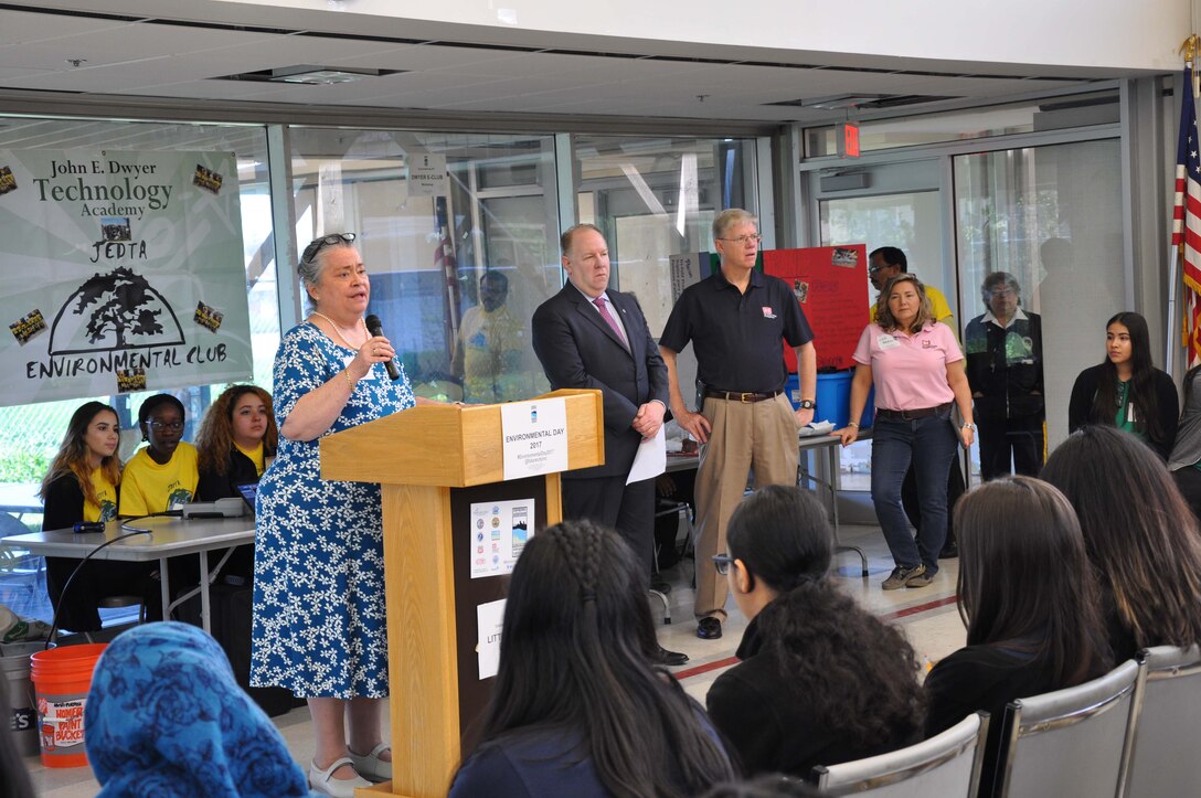 Michelle Doran McBean, CEO of Future City Inc (left), Mayor Christian Bollwage (second to right), Joseph Seebode, deputy district engineer and chief of programs and project management, USACE New York District (third to right), and Lisa Baron, project manager, USACE New York District (fourth to right), give remarks at the Environmental Day 2017 Welcoming Ceremony. 