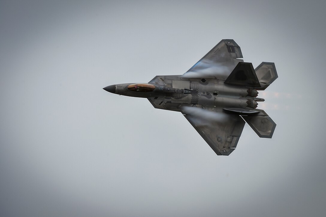 A U.S. Air Force F-22 Raptor, piloted by U.S. Air Force Maj. Dan "Rock" Dickinson, performs during the 911th Airlift Wing's Wings Over Pittsburgh 2017 Air Show, at Coraopolis, Pa., May 12, 2017. During the show, Dickinson showcased a small portion of the F-22 capabilities. (U.S. Air Force photo/Senior Airman Kimberly Nagle)
