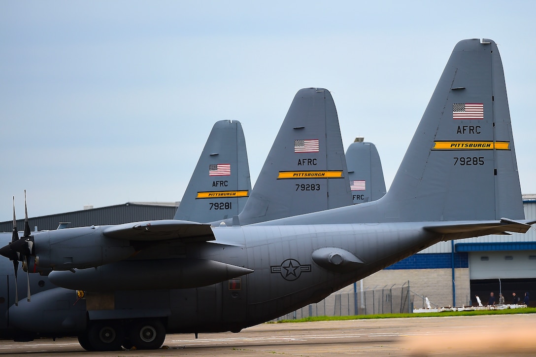 Aircraft assigned to the 911th Airlift Wing sit on the runway during their Wings Over Pittsburgh 2017 Air Show at Coraopolis, Pa., May 13, 2017. The 911th AW mission is to support their national security objectives by providing fully mission-ready C-130 airlift, aeromedical evacuation and expeditionary combat support forces. (U.S. Air Force/Senior Airman Kimberly Nagle)