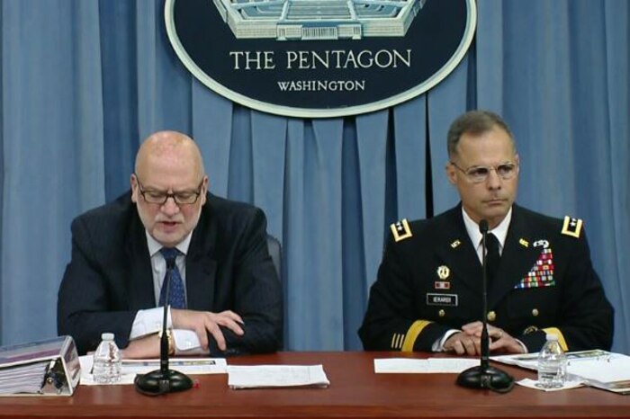 John Roth, left, acting undersecretary of defense, comptroller and chief financial officer and Army Lt. Gen. Anthony R. Ierardi, director, Force Structure, Resources and Assessment, Joint Staff, brief reporters at the Pentagon on President Donald J. Trump's fiscal year 2018 Defense Department budget request, May 23, 2017.