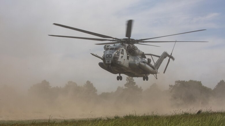 A CH53 Super Stallion conducts an insertion and extraction drill at Camp Lejeune, N.C., May 18, 2017. The Marines are participating in Burmese Chase, an annual, multi-lateral training exercise between U.S. armed forces and NATO members.