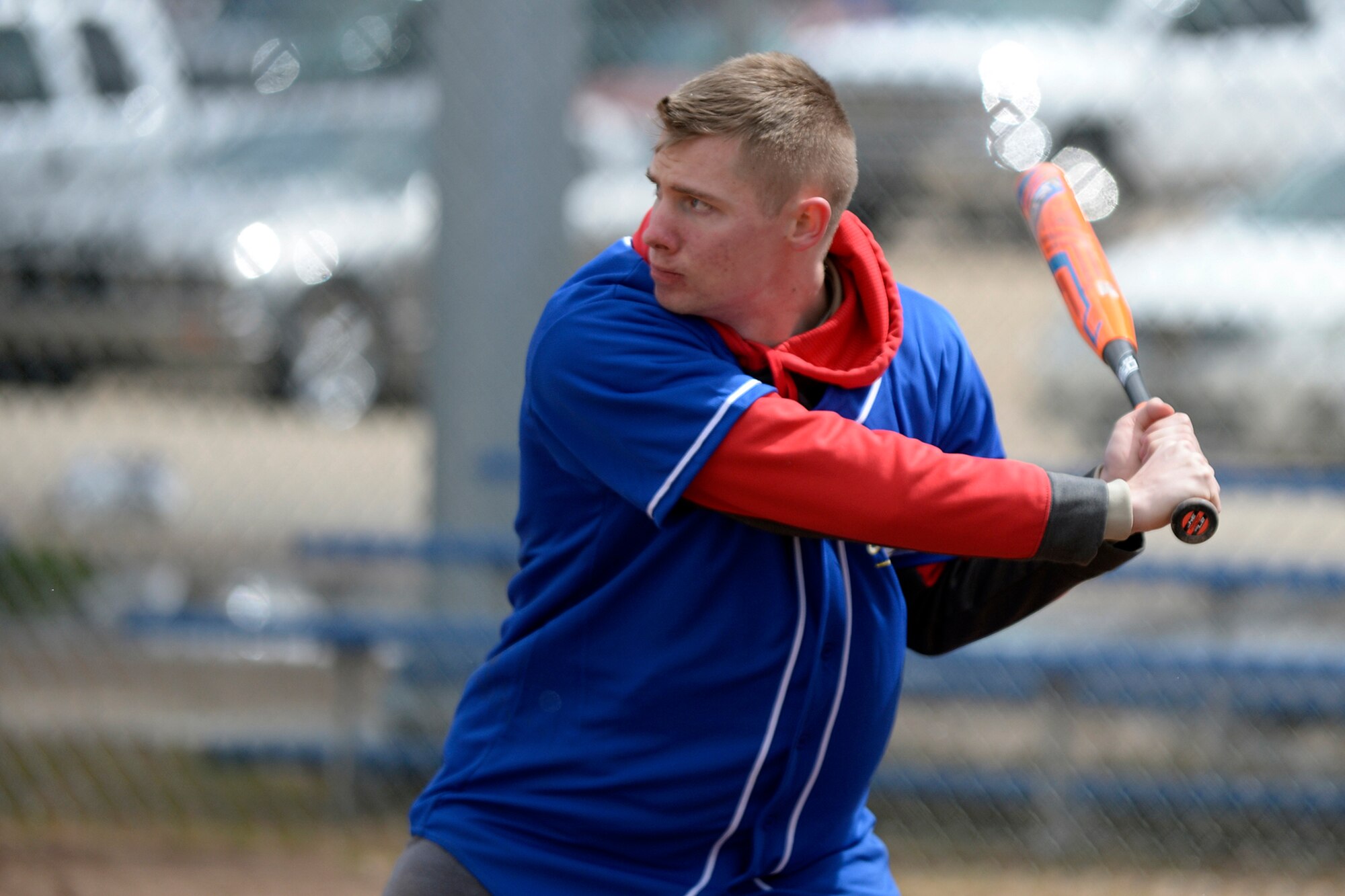 Senior Airman Damian Loringer, 388th Operations Support Squadron, takes his turn at bat during a softball game May 16 at Hill Air Force Base, Utah. The Defenders Challenge Softball Tournament was organized by 75th Security Forces Airmen as one of several events celebrating National Police Week. (Air Force photo/Todd Cromar)