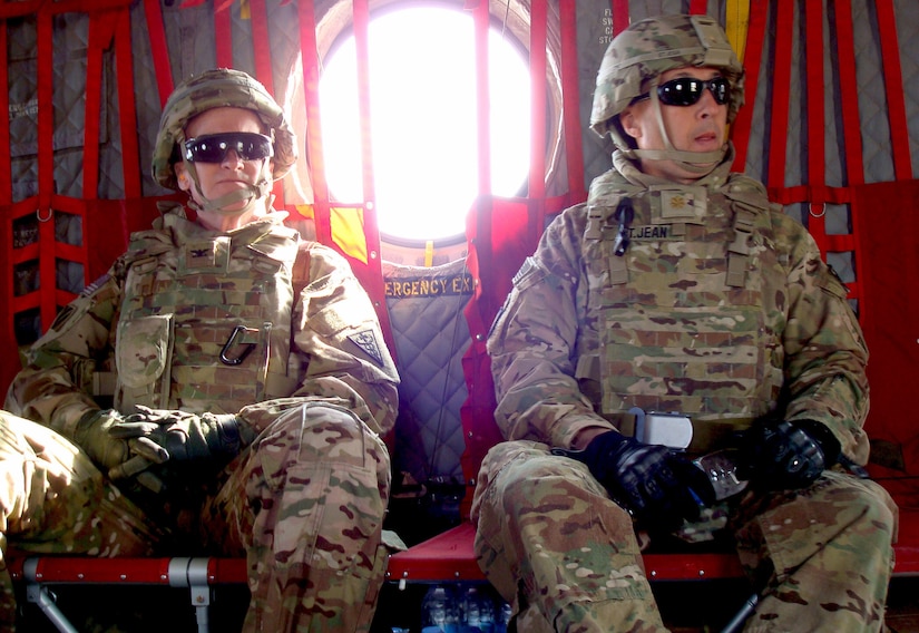 Col. Robert Suter, commander, 3rd Medical Command (Deployment Support) Forward and Maj. Kyle St. Jean, commander, 947th Forward Surgical Team, conduct battlefield circulation in Helmand Province, Afghanistan, March 22, 2017. Sutter was conducting battlefield circulation to recognize Soldiers performance and see U.S. Army Central medical support first-hand.