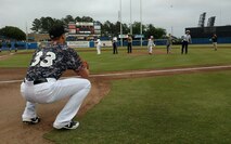 U.S. service members from installations across Hampton Roads throw the first pitches before the Norfolk Tides’ Armed Forces Night game at Harbor Park in Norfolk, Va., May 20, 2017. The Tides’ scored two runs in the bottom of the ninth inning to defeat the Charlotte Knights 8-7. (U.S. Air Force photo/Staff Sgt. R. Alex Durbin)