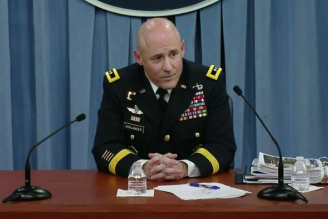 Army Budget Director Maj. Gen. Thomas Horlander briefs Pentagon reporters on the president's fiscal year 2018 defense budget proposal, May 23, 2017.