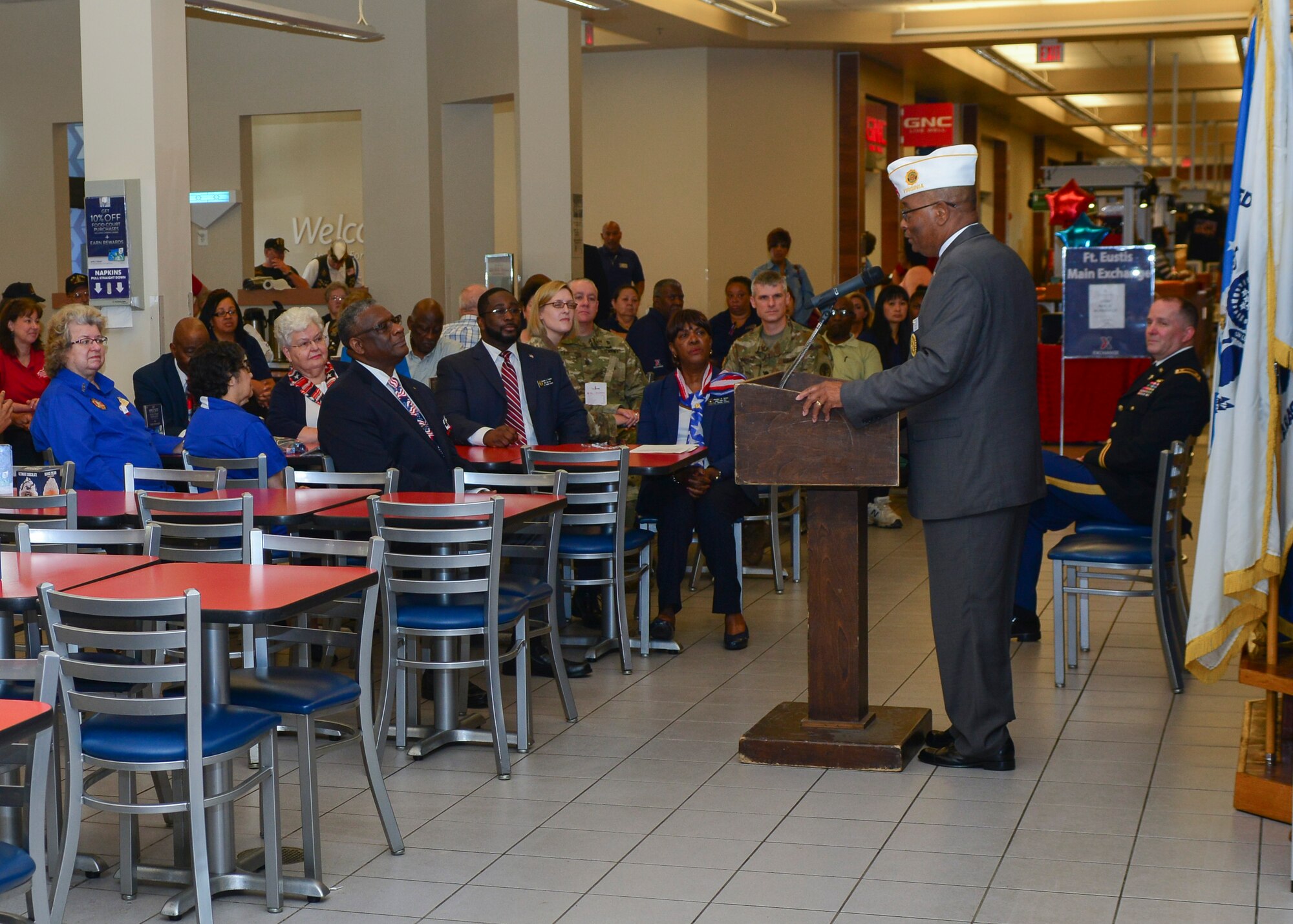 Retired U.S. Army 1st Sgt. Frank H. Carr, American Legion Department of Virginia chaplain, speaks during the Retiree Appreciation Day ceremony at Joint Base Langley-Eustis, Va., May 20, 2017. Carr, a retired Army and Air Force veteran with more than 25 years of service, spoke on the importance of serving through veterans’ organizations and supporting current military members.  (U.S. Air Force photo/Tech. Sgt. Katie Gar Ward)