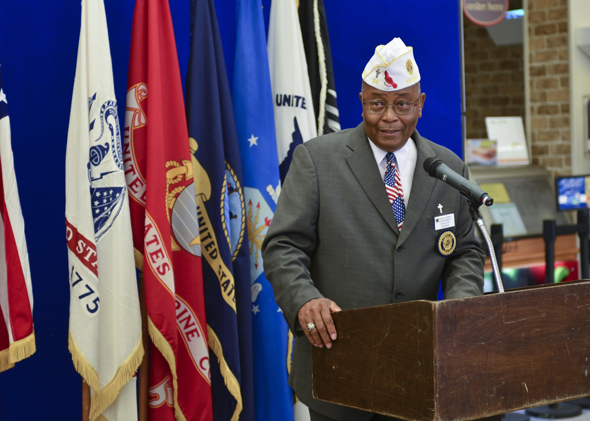 Retired U.S. Army 1st Sgt. Frank H. Carr, American Legion Department of Virginia chaplain, speaks during the Retiree Appreciation Day ceremony at Joint Base Langley-Eustis, Va., May 20, 2017. Carr, a retired Army and Air Force veteran with more than 25 years of service, spoke on the importance of serving through veterans’ organizations and supporting current military members.  (U.S. Air Force photo/Tech. Sgt. Katie Gar Ward)