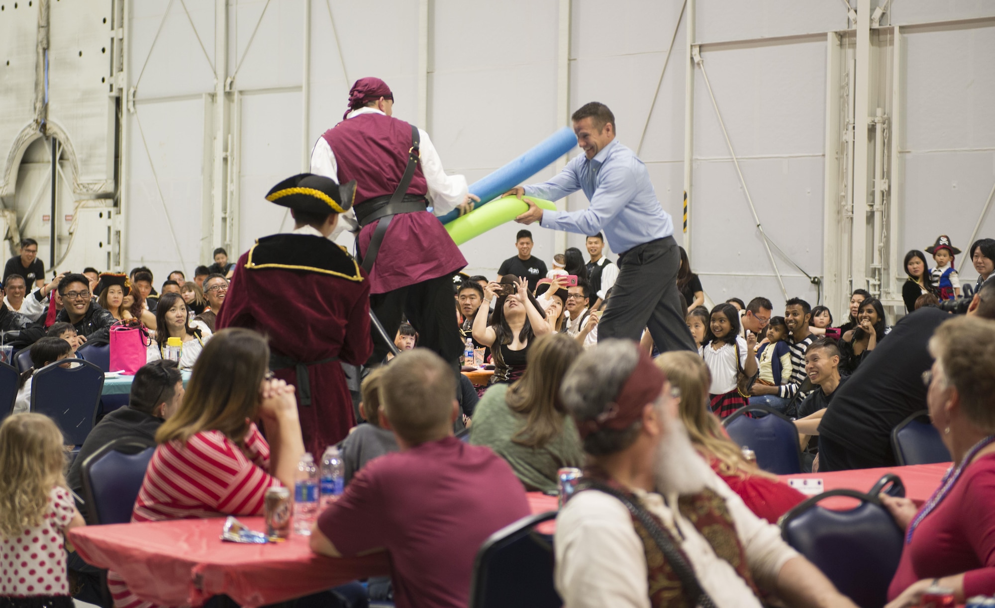Mountain Home Mayor Rich Sykes participates in a game during the eighth anniversary of the Peace Carvin V, May 19, 2017, at Mountain Home Air Force Base, Idaho. Participants wore pirate costumes to show their 428th Fighter Squadron pride. (U.S. Air Force photo by Senior Airman Malissa Lott/Released)