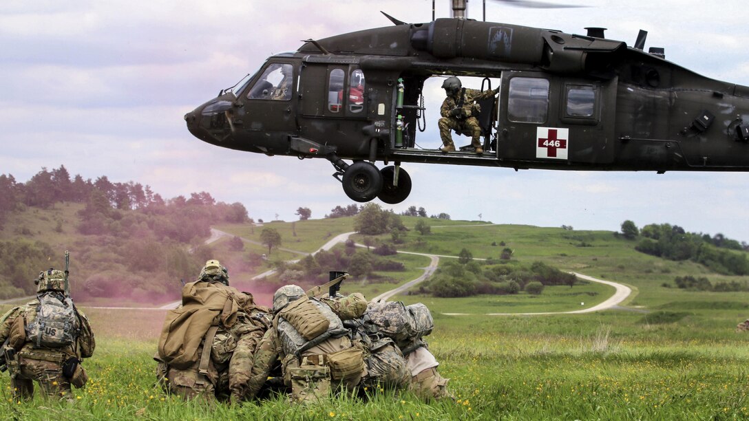 Soldiers conduct an air medical evacuation exercise during training in Grafenwoehr, Germany, May 22, 2017. Around 600 soldiers participated in the training, which tested the ability to deploy worldwide on short notice. Army photo by Staff Sgt. Kathleen V. Polanco