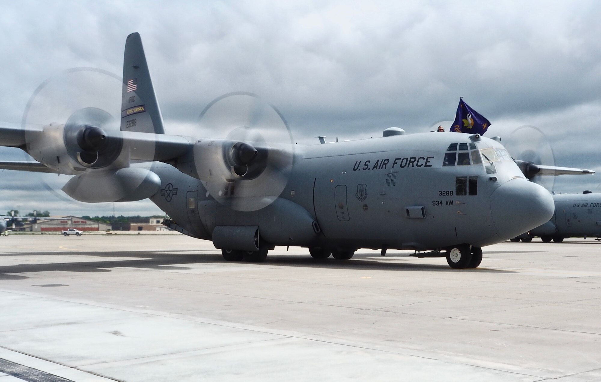A 934th Airlift Wing C-130s taxis in after returning from a four month deployment May 18. (Air Force Photo/Paul Zadach)