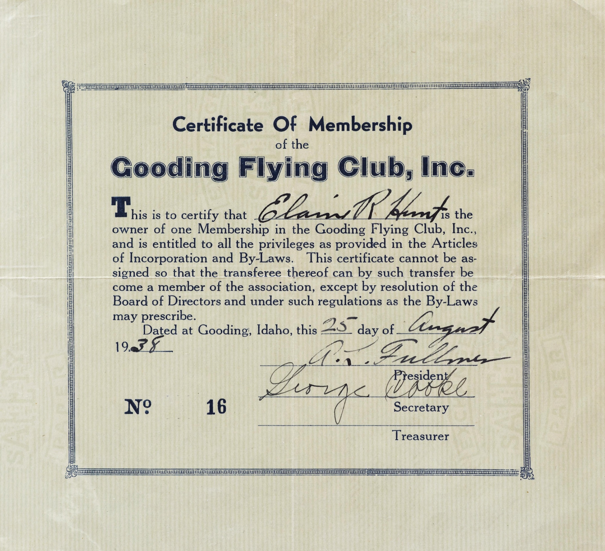 Elaine McCalley received her certificate of membership August 25, 1938, in Gooding, Idaho. She was the first female commercial pilot in Idaho. (U.S. Air Force Photo by Senior Airman Jeremy L. Mosier)