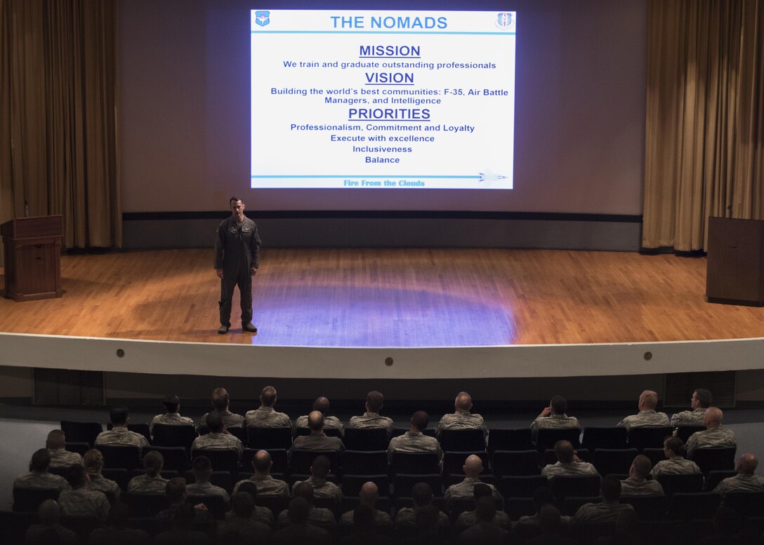 U.S. Air Force Col. Paul Moga, 33rd Fighter Wing commander, discusses his priorities during his first all-call May 19, 2017, at Eglin Air Force Base, Florida. Moga explained that Nomads should be loyal to themselves, their country and their families, including their extended family within the wing. (U.S. Air Force photo by Staff Sgt. Peter Thompson)