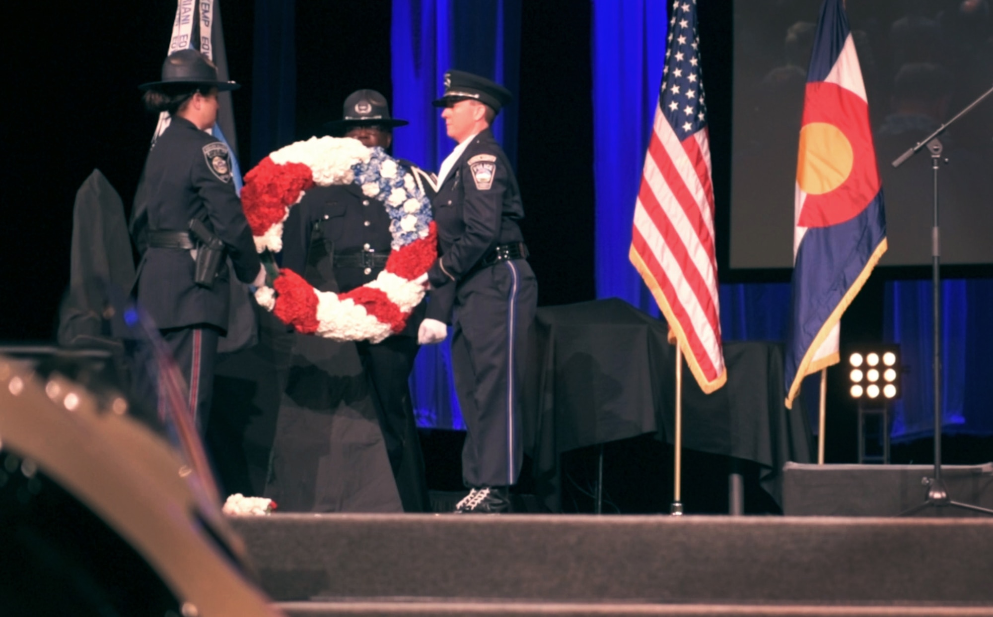 COLORADO SPRINGS, Colo. – Local and military law enforcement officers participate in a wreath laying ceremony to commemorate National Police Week, May 19, 2017, at the New Life Church, Colorado Springs, Colo. The ceremony was the final event for National Police Week, May 15-19, where agencies held various events throughout the week to honor law enforcement officers who have lost their lives in the line of duty. (U.S. Air Force photo by David Meade)