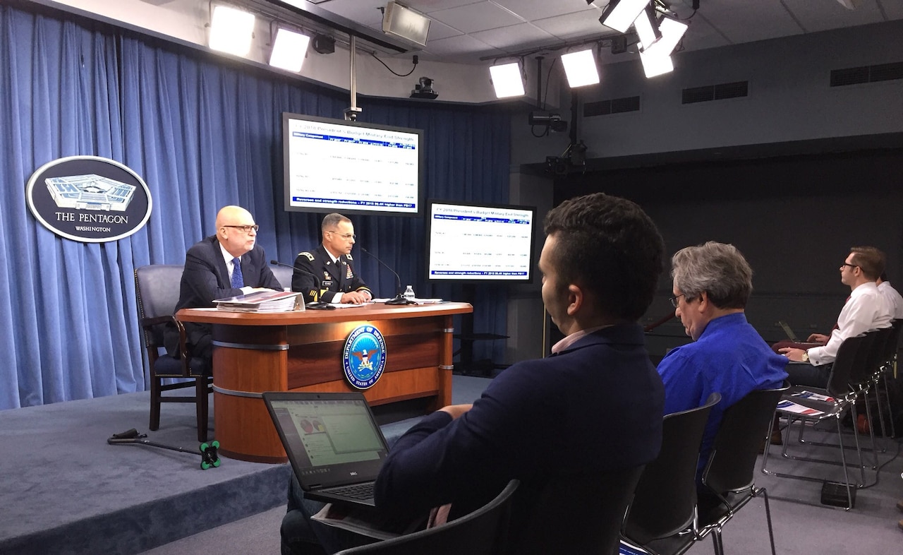 John P. Roth, performing duties as the DoD comptroller, and Army Lt. Gen. Anthony R. Ierardi, the Joint Staff's director of force structure, resources and assessment, brief reporters at the Pentagon on the president's fiscal year 2018 defense budget request, May 23, 2017. The pair said the request helps to rebuild readiness and balances the military between current operations and future needs. DoD photo by Jim Garamone