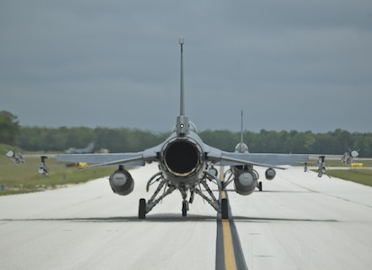 New Jersey Air National Guard F-16 Fighting Falcons from the 177th Fighter Wing taxi for take off during a three-day Aeropsace Control Alert CrossTell live-fly training exercise at Atlantic City Air National Guard Base, N.J., May 23, 2017. Representatives from the Air National Guard fighter wings, Civil Air Patrol, and U.S. Coast Guard rotary-wing air intercept units will conduct daily sorties from May 23-25 to hone their skills with tactical-level air-intercept procedures. (U.S. Air National Guard photo by Master Sgt. Matt Hecht/Released)