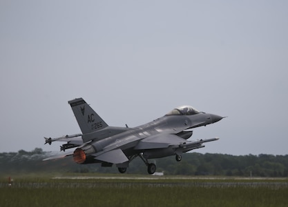 A New Jersey Air National Guard F-16C Fighting Falcon from the 177th Fighter Wing takes off for a flight during a three-day Aeropsace Control Alert CrossTell live-fly training exercise at Atlantic City Air National Guard Base, N.J., May 23, 2017. Representatives from the Air National Guard fighter wings, Civil Air Patrol, and U.S. Coast Guard rotary-wing air intercept units will conduct daily sorties from May 23-25 to hone their skills with tactical-level air-intercept procedures. (U.S. Air National Guard photo by Master Sgt. Matt Hecht/Released)