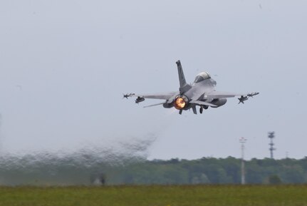 A New Jersey Air National Guard F-16D Fighting Falcon from the 177th Fighter Wing takes off for a flight during a three-day Aeropsace Control Alert CrossTell live-fly training exercise at Atlantic City Air National Guard Base, N.J., May 23, 2017. Representatives from the Air National Guard fighter wings, Civil Air Patrol, and U.S. Coast Guard rotary-wing air intercept units will conduct daily sorties from May 23-25 to hone their skills with tactical-level air-intercept procedures. (U.S. Air National Guard photo by Master Sgt. Matt Hecht/Released)