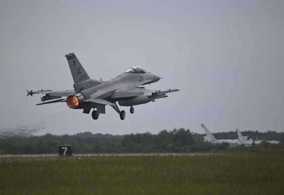 A New Jersey Air National Guard F-16C Fighting Falcon from the 177th Fighter Wing takes off for a flight during a three-day Aeropsace Control Alert CrossTell live-fly training exercise at Atlantic City Air National Guard Base, N.J., May 23, 2017. Representatives from the Air National Guard fighter wings, Civil Air Patrol, and U.S. Coast Guard rotary-wing air intercept units will conduct daily sorties from May 23-25 to hone their skills with tactical-level air-intercept procedures. (U.S. Air National Guard photo by Master Sgt. Matt Hecht/Released)